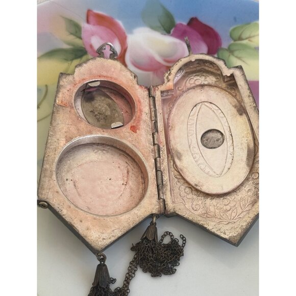 Antique 1910s Compact Coin Purse Silverplate Guilloche Enamel - Picture 14 of 16